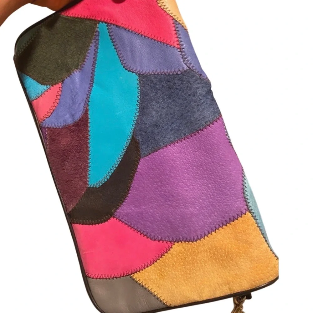 Vtg Style Multicolor Patchwork Leather Suede Crossbody Shoulder Bag Zipper‎ Reto